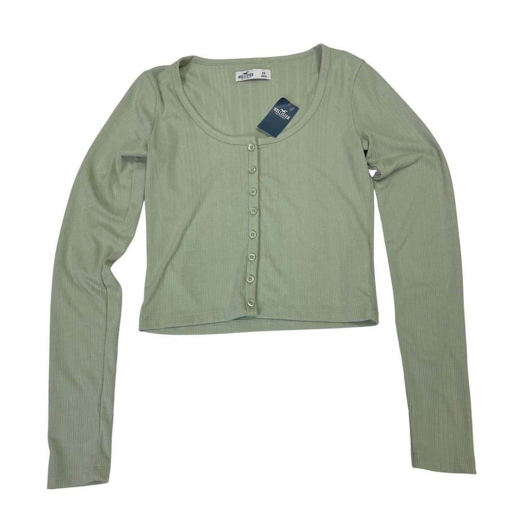 NWT Hollister Sage Green Ribbed Button Down Long Sleeve Top XS